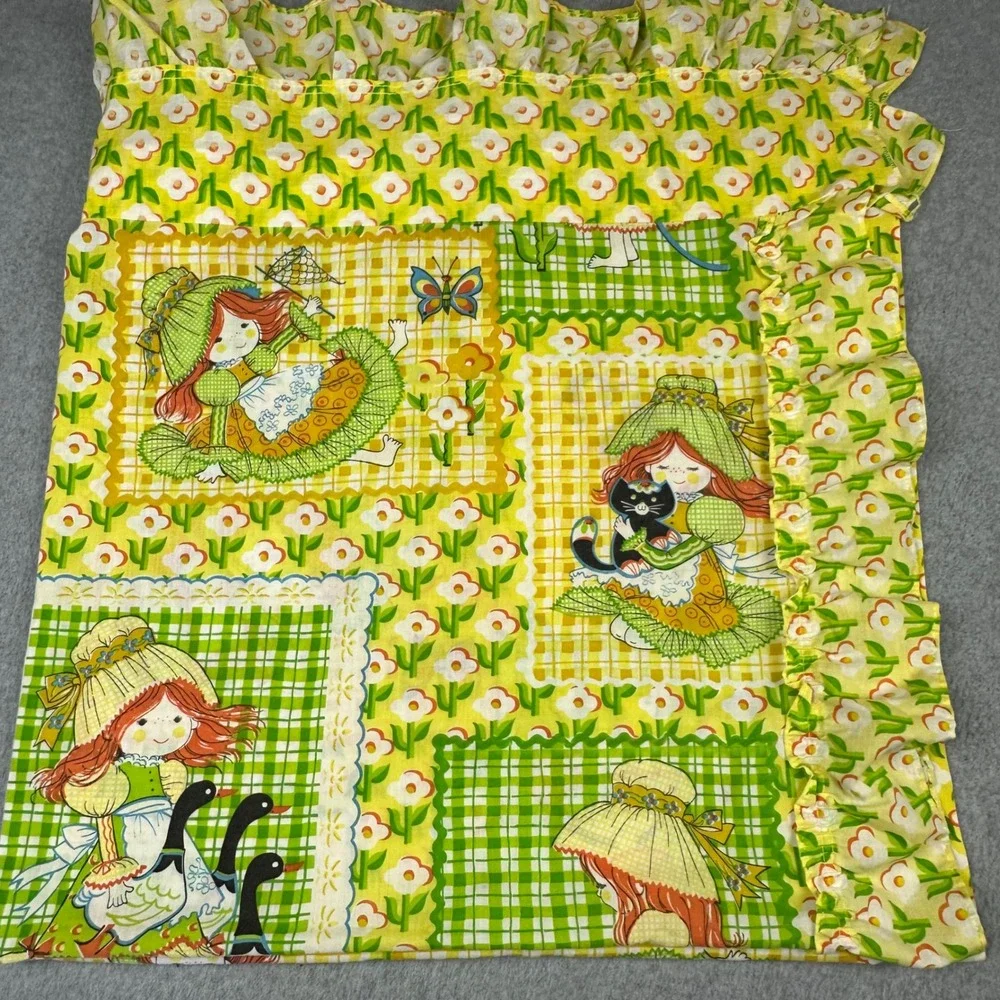 Vintage Sears Perma-Prest Holly Hobbie Style Yellow Floral Valance & Panels Set